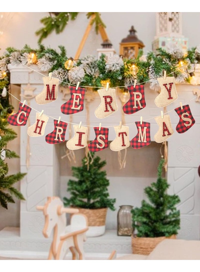 TAPIT Merry Christmas Banners Sock Shaped Christmas Burlap Banners Christmas Flags Hanging Decorations for Christmas Party Wall Tree and Fireplace (A) - Image 1