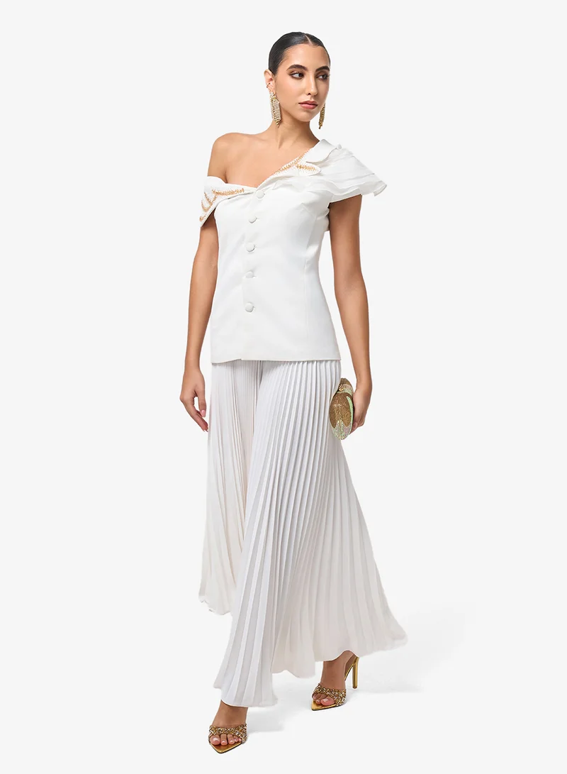 Threadz by Ajooni Pleated Skirt Front Button Detailing One Shoulder Maxi Dress