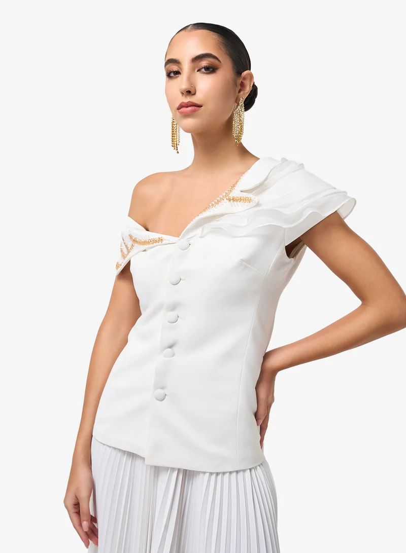 Threadz by Ajooni  Pleated Skirt Front Button Detailing One Shoulder Maxi Dress for Women | Best Price UAE