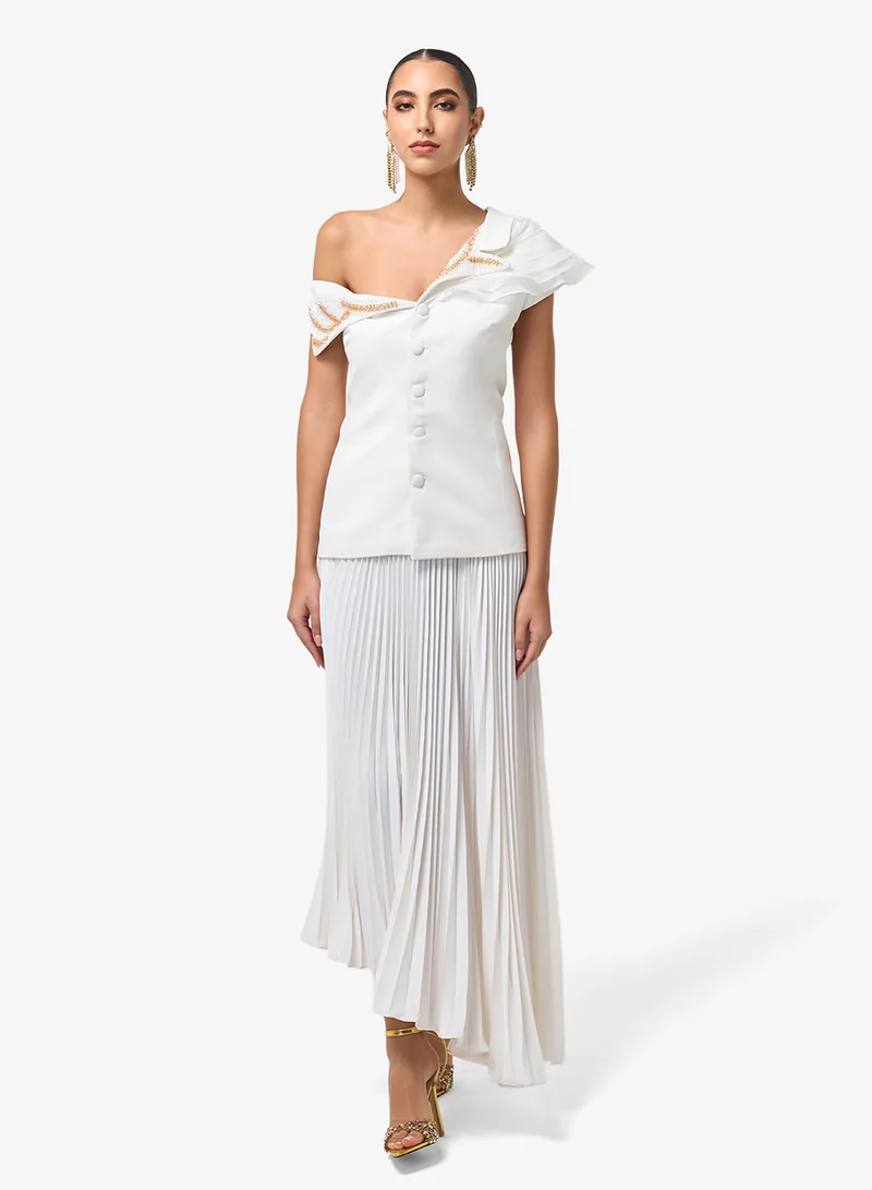 Threadz by Ajooni  Pleated Skirt Front Button Detailing One Shoulder Maxi Dress for Women | Best Price UAE