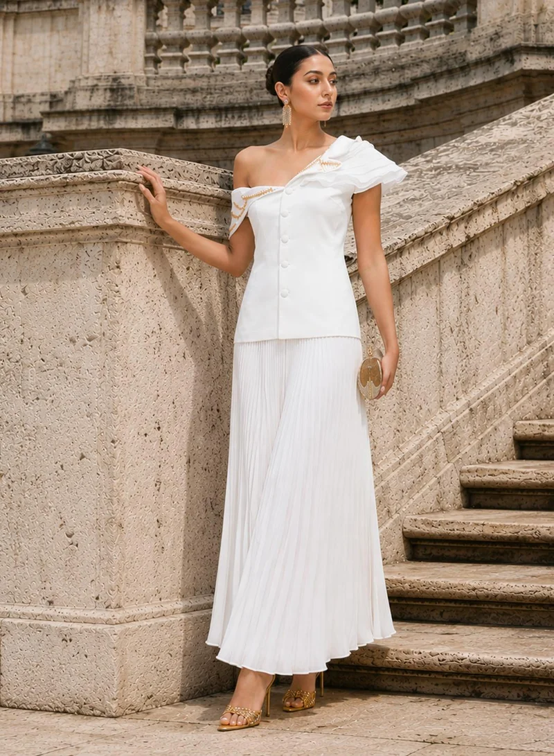 Pleated Skirt Front Button Detailing One Shoulder Maxi Dress