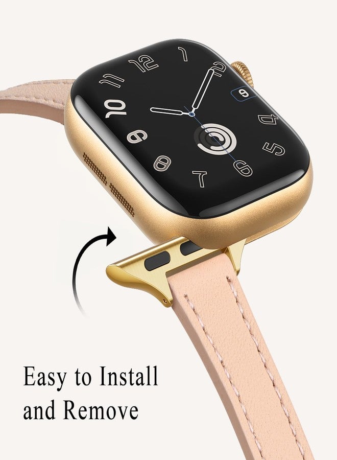 أساور جلدية رفيعة من STIROLL متوافقة مع ساعات Apple Watch مقاس 38 مم، 40 مم، 41 مم، 42 مم (السلسلة 11 و10)، سوار معصم رفيع من الجلد الطبيعي عالي الجودة لساعات iWatch SE 9 8 7 6 5 4 3 2 1 (لون وردي فاتح مع ذهبي) - Image 3