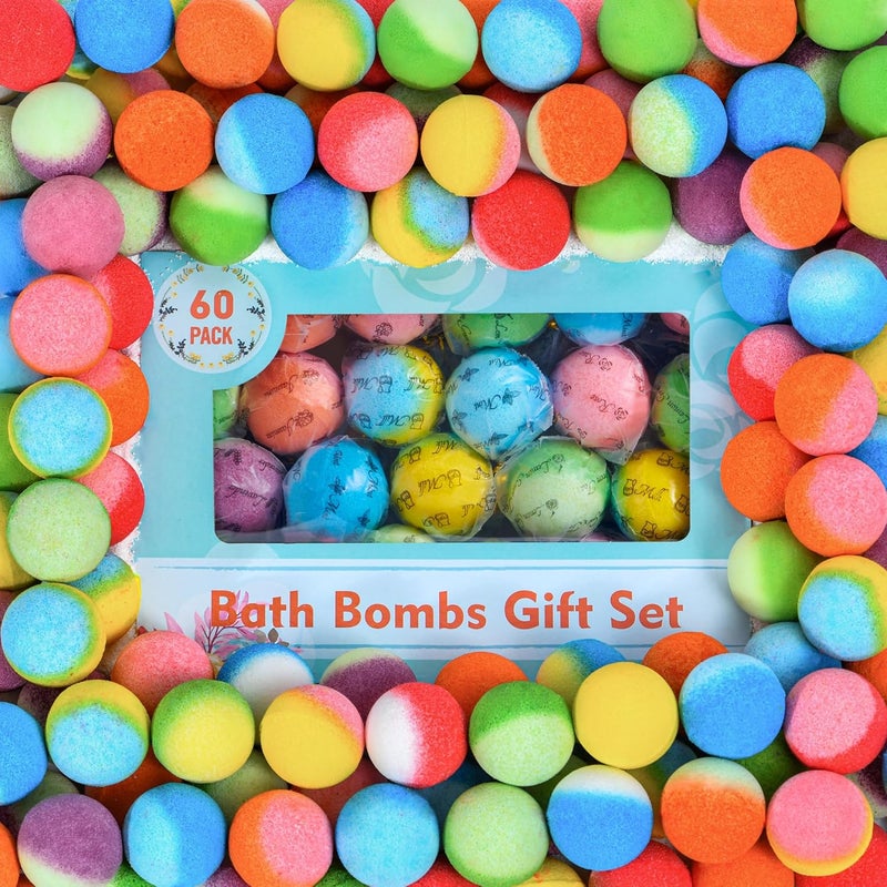 60 Pcs Bath Bombs Set  Massive Quantity Natural Bath Bombs for KidsWomenMen Individually Wrapped Handmade Bath Bombs  Organic Bath Supplies Relaxing Kit  for Birthday Christmas Mothers Day