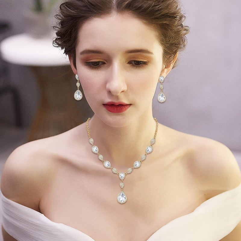 EleQueen Women's Cubic Zirconia Teardrop Y-Necklaces Dangle Earrings Jewelry Sets for Brides Bridesmaids - Image 2