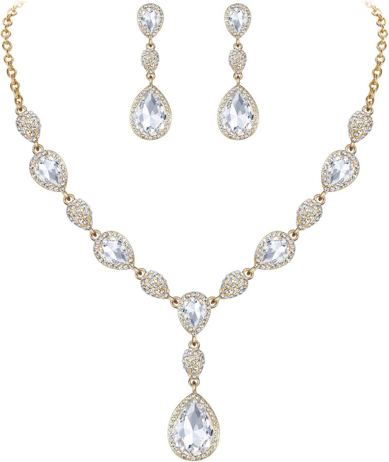 EleQueen Women's Cubic Zirconia Teardrop Y-Necklaces Dangle Earrings Jewelry Sets for Brides Bridesmaids - Image 1