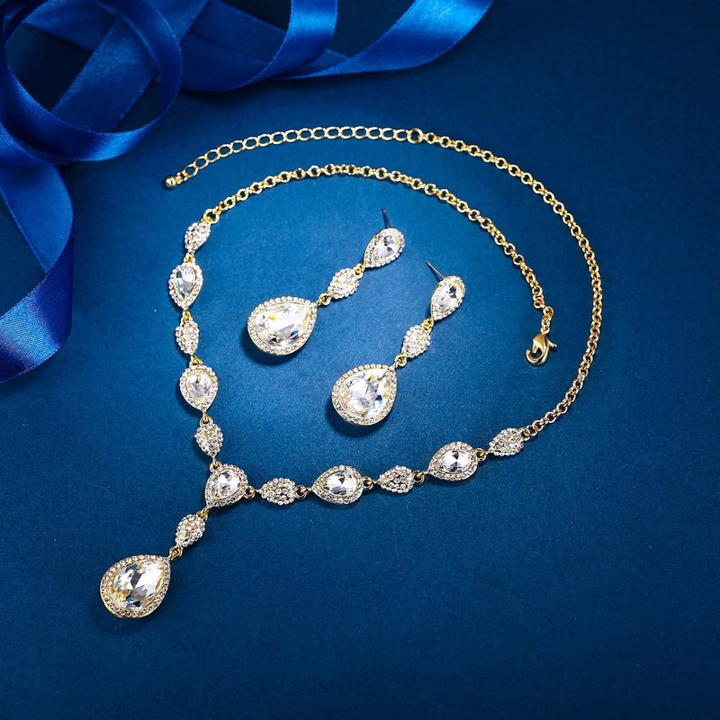 EleQueen Women's Cubic Zirconia Teardrop Y-Necklaces Dangle Earrings Jewelry Sets for Brides Bridesmaids - Image 3