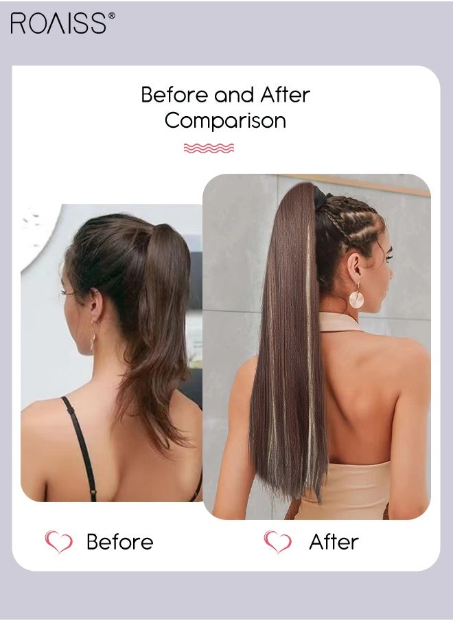 roaiss Long Straight Ponytail Extensions, Natural Ponytail Wig with Wrap Around Magic Paste, Synthetic Hairpiece for Women Girls Party Hairstyle Daily Use 60cm (24 inches)  - Image 2