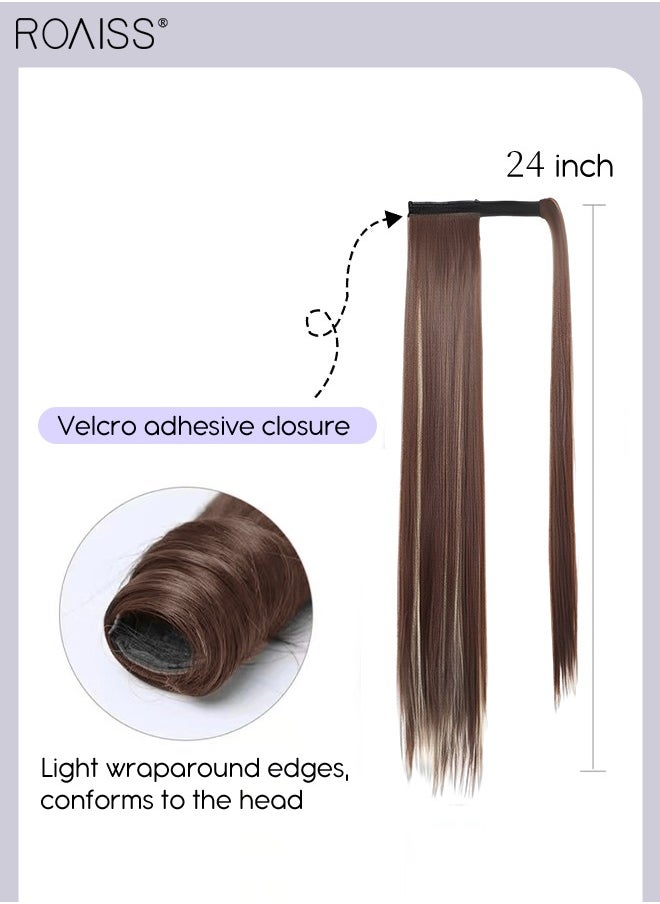 roaiss Long Straight Ponytail Extensions, Natural Ponytail Wig with Wrap Around Magic Paste, Synthetic Hairpiece for Women Girls Party Hairstyle Daily Use 60cm (24 inches)  - Image 4