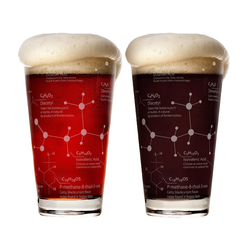Greenline Goods Beer Glasses 16 oz Pint Glass Set of 2 Science of Beer Glassware Etched with Beer Hops Chemistry Molecules