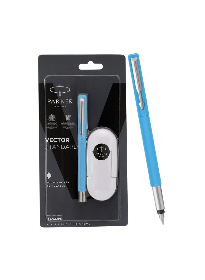 PARKER Parker Vector Standard Fountain Pen |Ink Color Blue | Fine Nib, Blue Body with Chrome Trim | Refillable Ink Pen with 3 Free Blue Ink Cartridges | A Premium Writing Experience for Everyone - Image 1