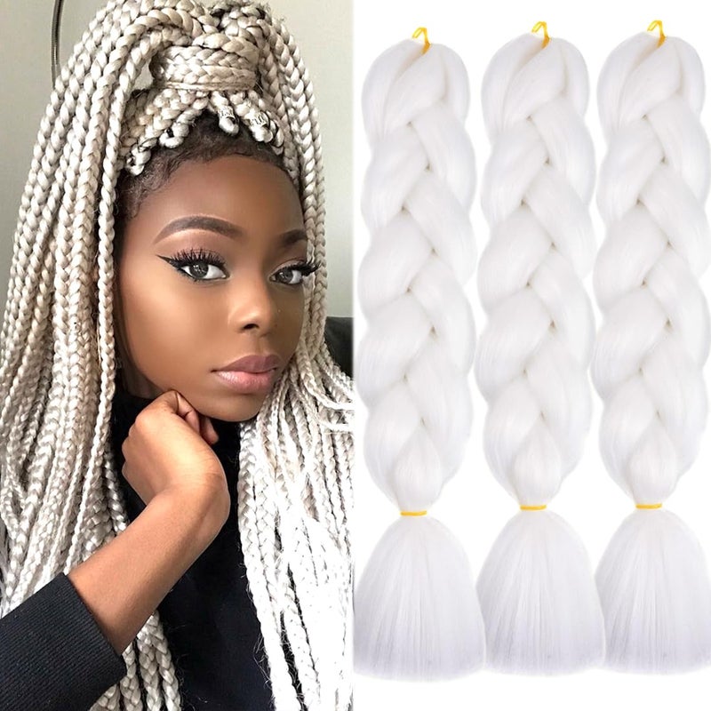 DOREN Hair Extensions for Braiding Hair 3 Packs 100g/pack Jumbo Twist Braids Hair with Crochet Hook 24 Inch #60 White Color