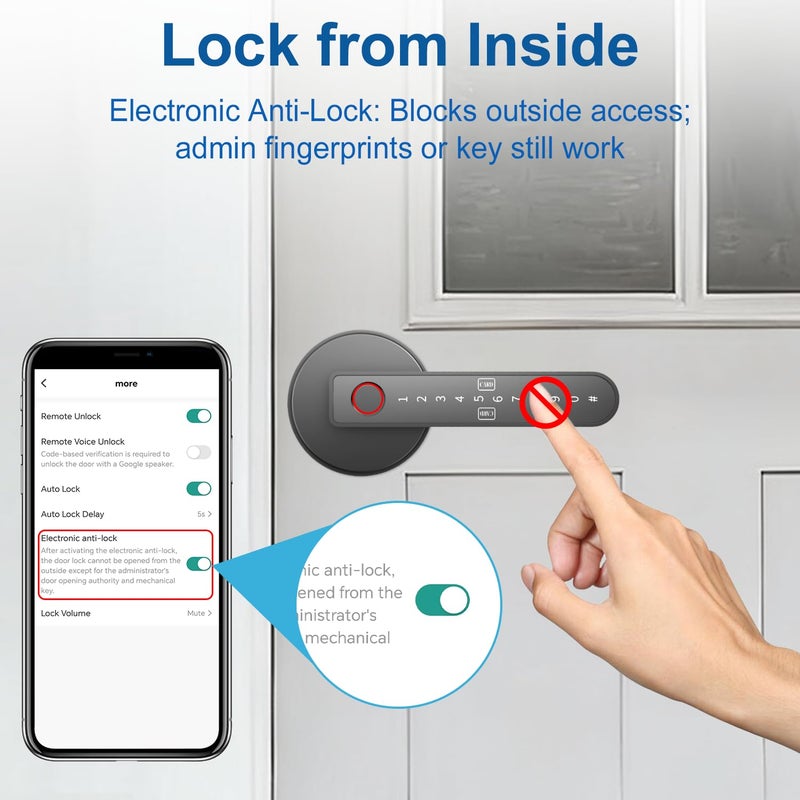 BIWIBON Fingerprint Door Lock â€“ Fingerprint Door Knob with 5 Unlock Options, Anti-Peep Code, Adjustable Auto-Lock, Inside Lock, for Home, Office, Apartment, Bedroom â€“ Black - Image 5