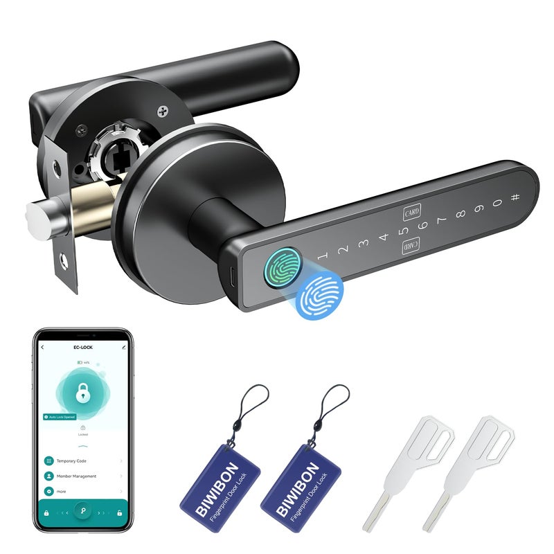 BIWIBON Fingerprint Door Lock â€“ Fingerprint Door Knob with 5 Unlock Options, Anti-Peep Code, Adjustable Auto-Lock, Inside Lock, for Home, Office, Apartment, Bedroom â€“ Black - Image 1