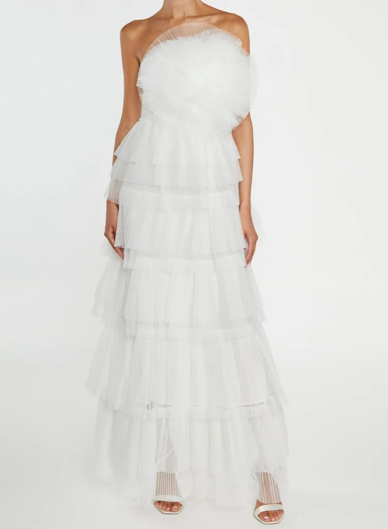 Valerie White Pleated 3D Tiered Midi-Dress