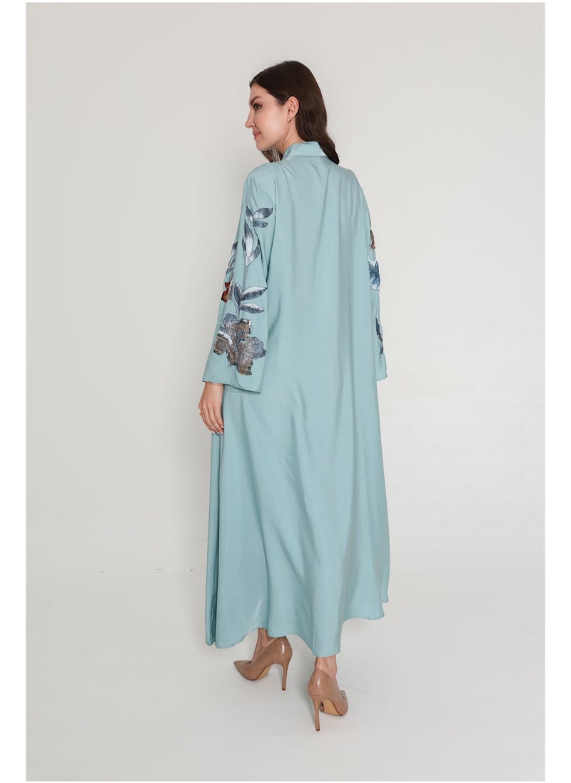 IKKXA Vibrant Floral Embroidered Jalabiya IK1040 Blue  - Image 3