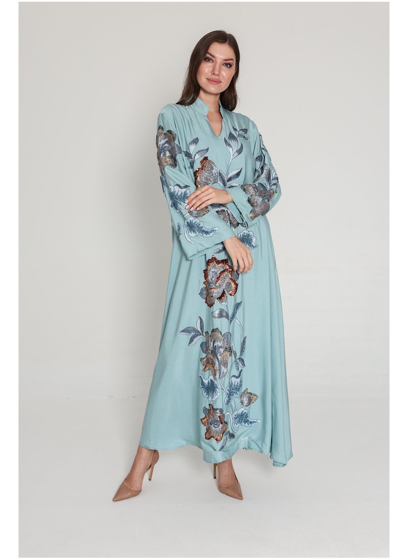 IKKXA Vibrant Floral Embroidered Jalabiya IK1040 Blue  - Image 1