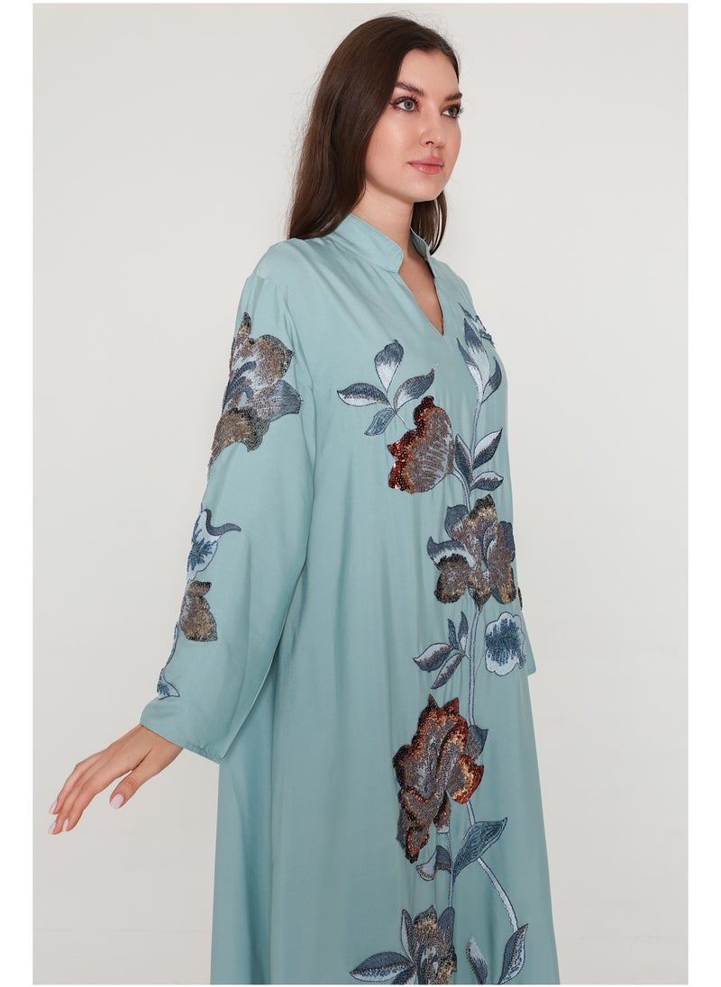 IKKXA Vibrant Floral Embroidered Jalabiya IK1040 Blue  - Image 2