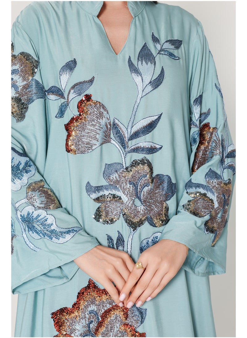 IKKXA Vibrant Floral Embroidered Jalabiya IK1040 Blue  - Image 4