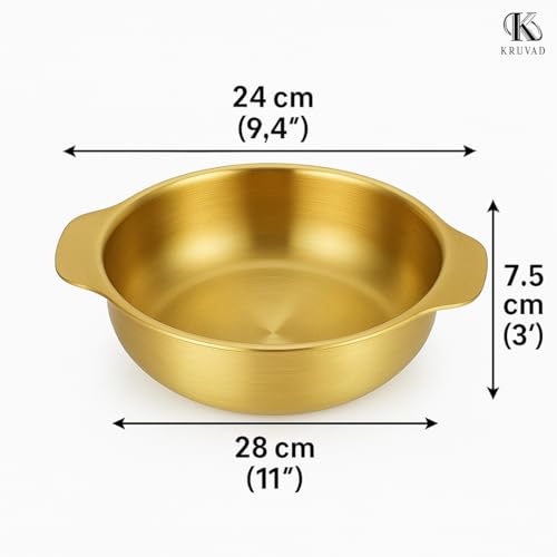 Kruvad Brass Hammered Kadhai | Bronze Cookware & Utensils | Steel Kadai with Handle for Vegetable Cooking & Serving | Brass Color Pan | Nonstick Ramen Pot | 26.5x21x6 cm Cooking Bowl for Kitchen - Image 3