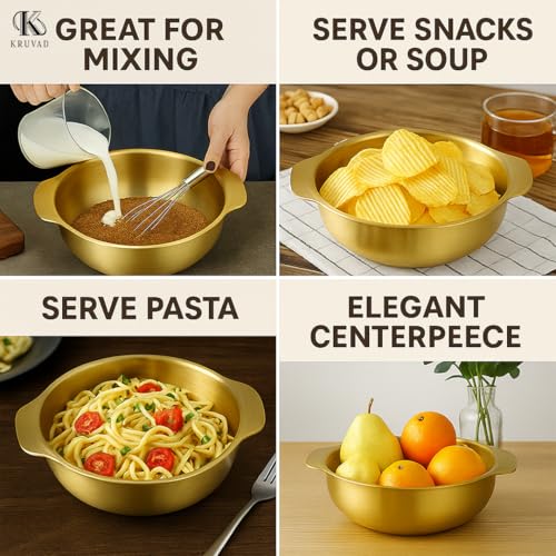 Kruvad Brass Hammered Kadhai | Bronze Cookware & Utensils | Steel Kadai with Handle for Vegetable Cooking & Serving | Brass Color Pan | Nonstick Ramen Pot | 26.5x21x6 cm Cooking Bowl for Kitchen - Image 4