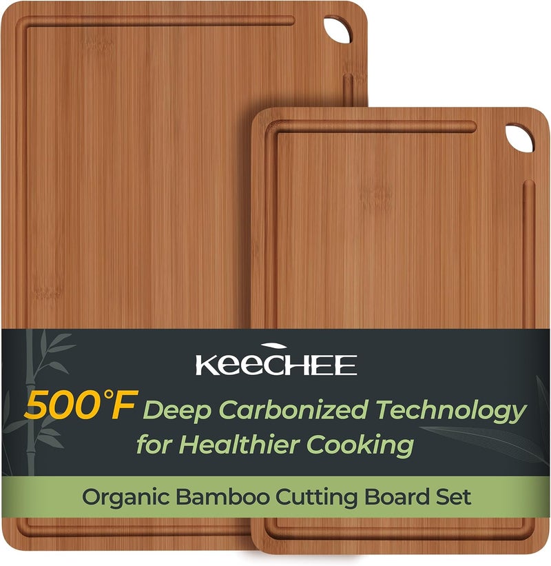 keechee Butcher Block 2-Pcs Carbonized Bamboo Cutting Board Set With Juice Groove For Meal Prep & Cheese Serving - Ideal Kitchen Gift Set of 2 (M+L) - Image 1