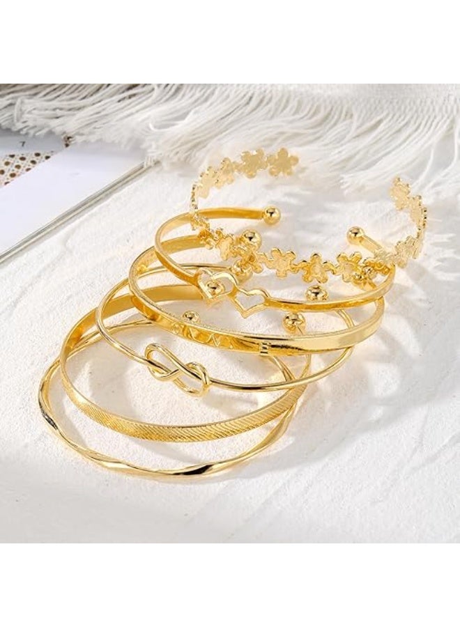 Goolsky 6pcs Golden-Toned Bracelet Set with Heart, Flower, and Infinity Symbol Designs - Alloy Fashion Bangles for Women, Indian/Holiday Style - Image 2