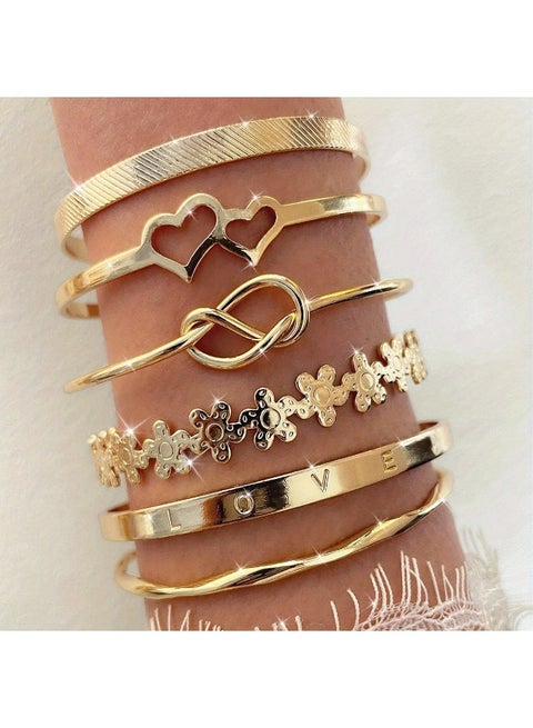 6pcs Golden-Toned Bracelet Set with Heart, Flower, and Infinity Symbol Designs - Alloy Fashion Bangles for Women, Indian/Holiday Style