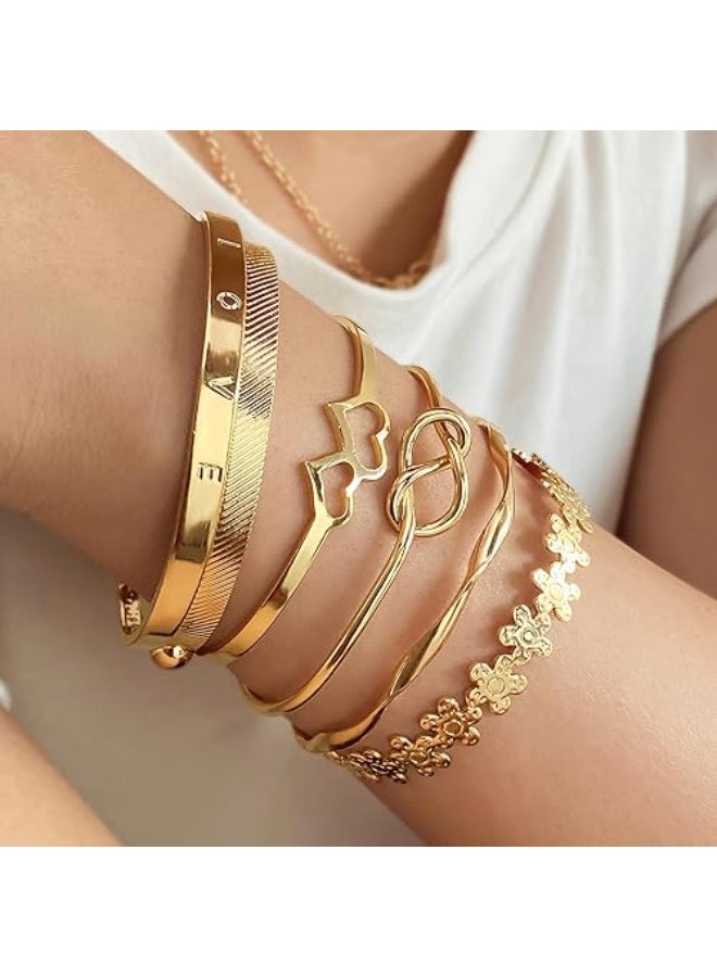 Goolsky 6pcs Golden-Toned Bracelet Set with Heart, Flower, and Infinity Symbol Designs - Alloy Fashion Bangles for Women, Indian/Holiday Style - Image 4