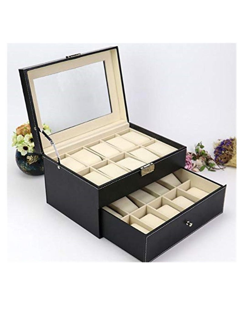 Jewelry Storage Box Watch Box Organizor with Drawer Leather Case for Watch Jewelry Display 2 Layer 20 Slot - Image 1