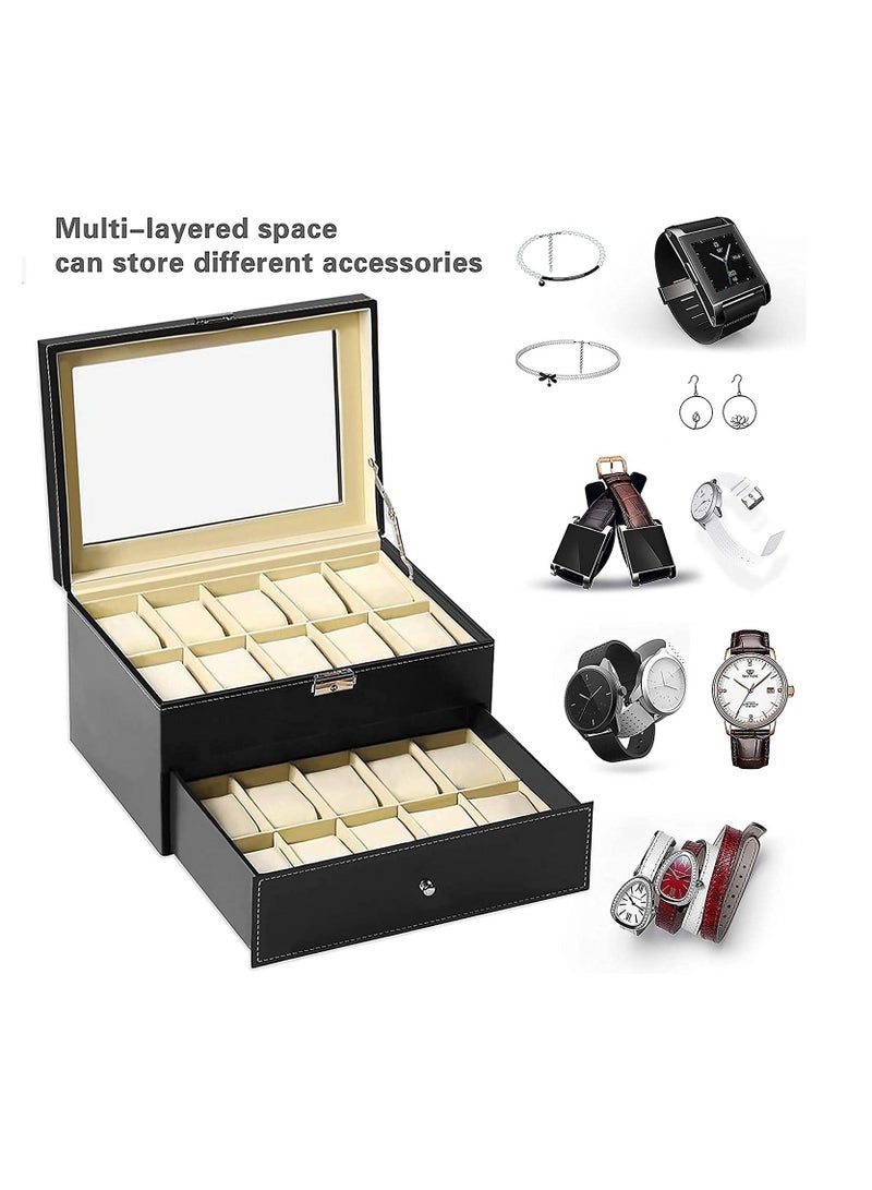 Jewelry Storage Box Watch Box Organizor with Drawer Leather Case for Watch Jewelry Display 2 Layer 20 Slot - Image 4