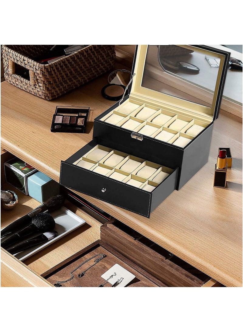 Jewelry Storage Box Watch Box Organizor with Drawer Leather Case for Watch Jewelry Display 2 Layer 20 Slot - Image 5