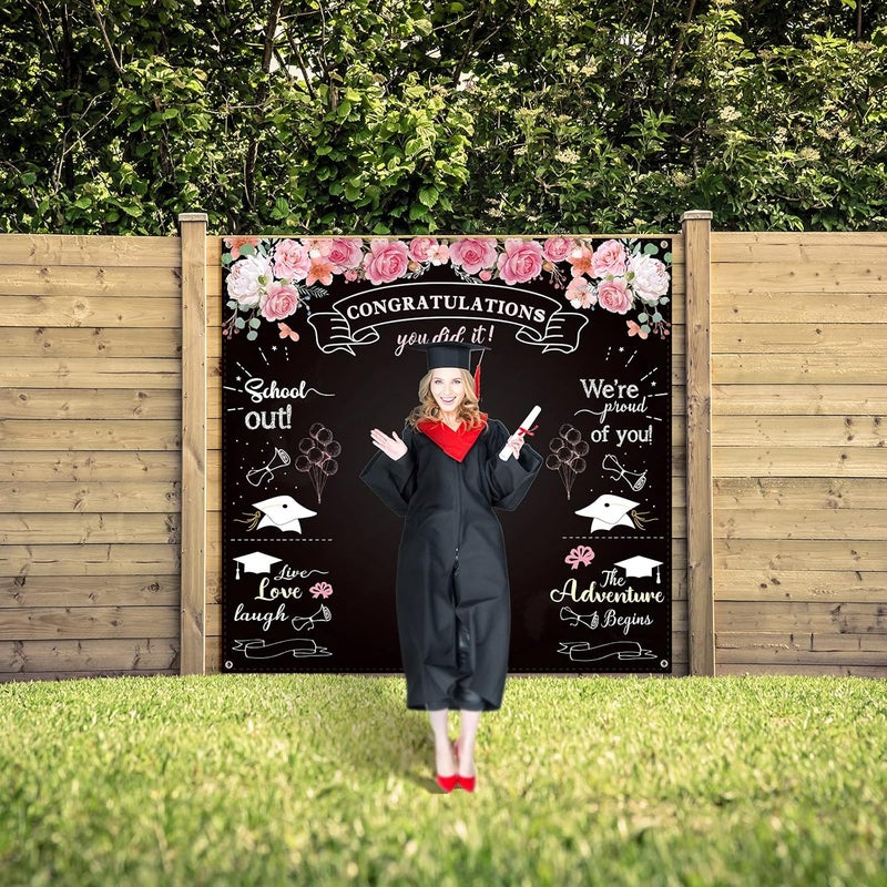 Sumind 70.9 x 70.9 Inch Class of 2026 Graduation Backdrops for Photoshoot Fabric Floral Congratulation Backdrop Congrats Photography Background for Graduation Prom Party Decor Photo(Pink,Black) - Image 5