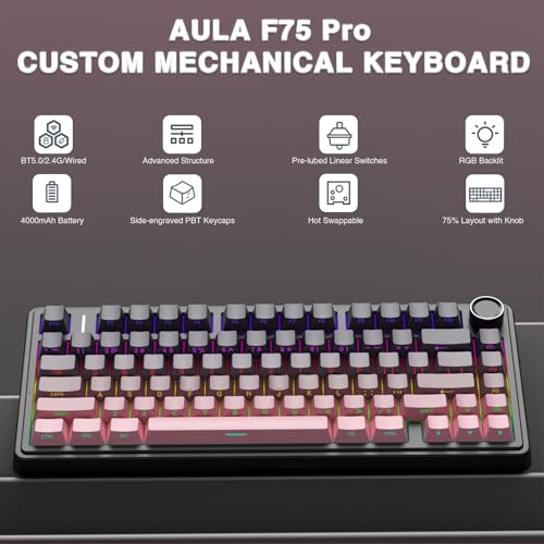 AULA F75 Pro Wireless Mechanical Keyboard75 Hot Swappable Custom KeyboardRGB BacklitPrelubed Reaper SwitchesSide Printed PBT Keycaps Mechanical Gaming Keyboards PinkBlack - Image 3
