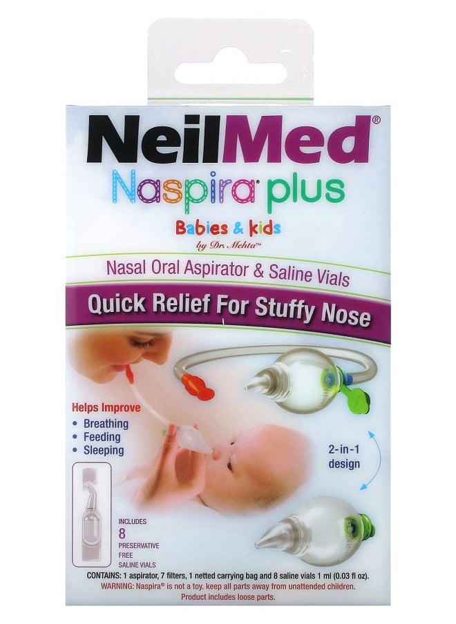 NeilMed Naspira Plus Nasal Oral Aspirator & Saline Vials Babies & Kids 17 Piece Set 