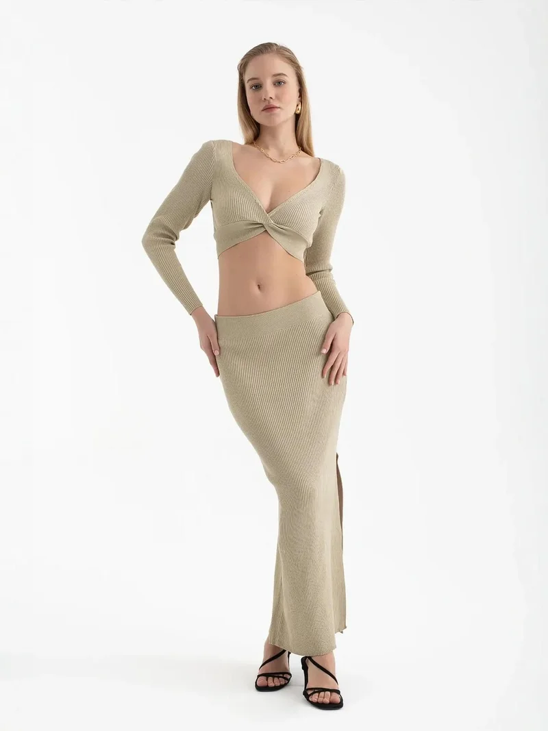 HICCUP 2 Pieces: V Neck Long Sleeve Crop Top & High Waist Slit Maxi Skirt