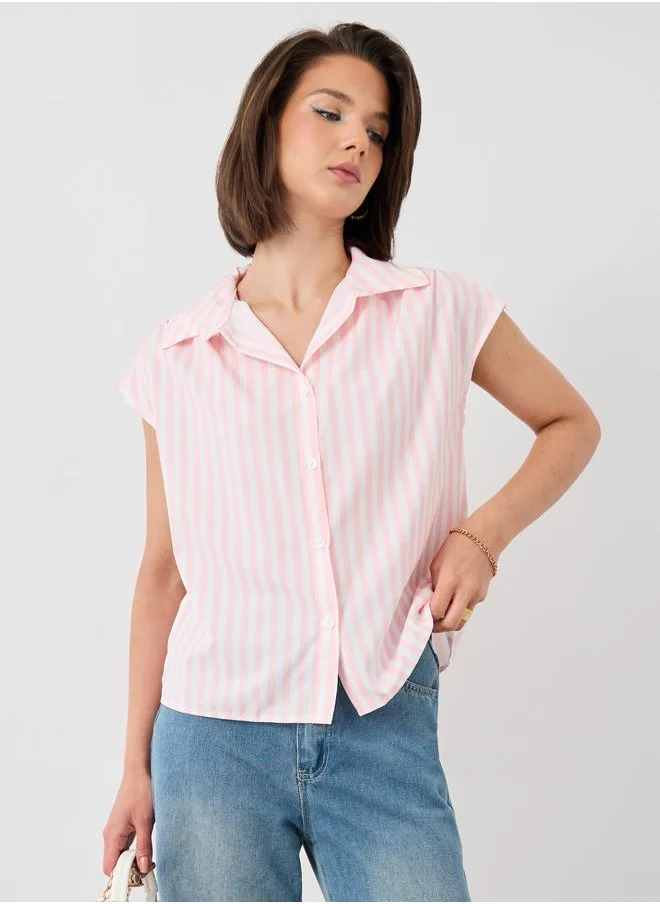 تايك تو Take Two Striped Sleeveless Spread Collar Shirt