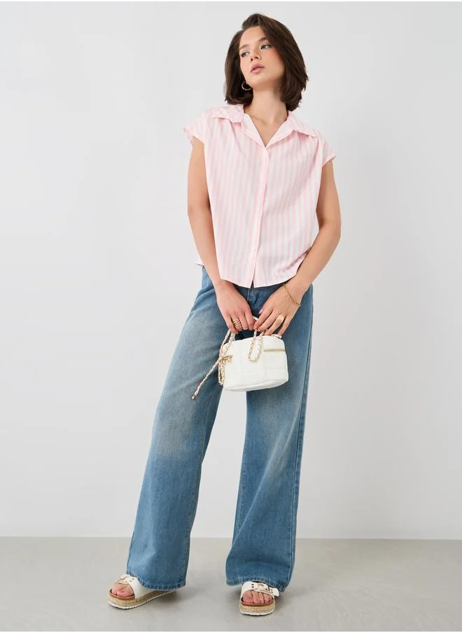 تايك تو Take Two Striped Sleeveless Spread Collar Shirt