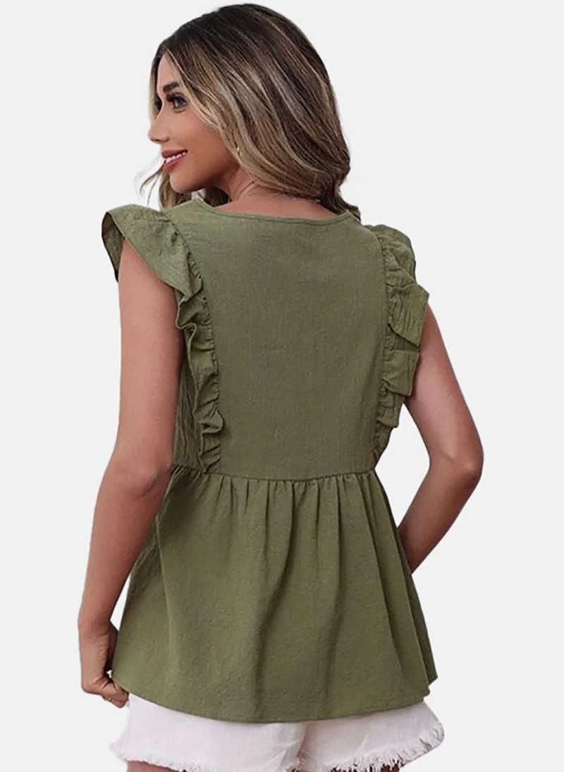 يونيكي Olive Solid Cap Sleeve V Neck Tunics