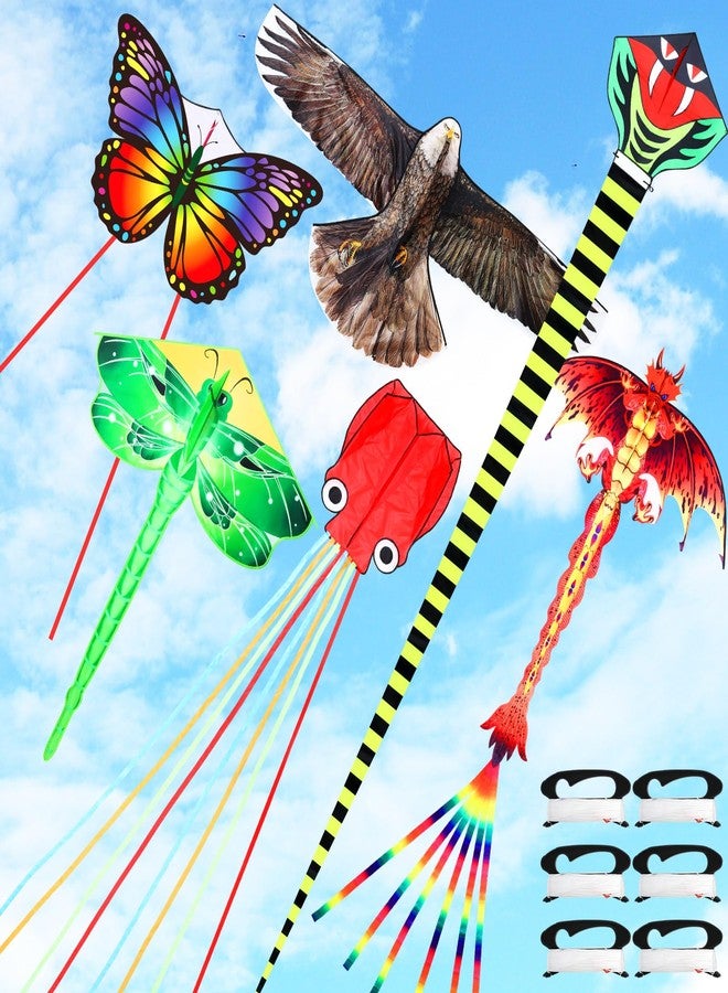 Silipull 6 Pack Large Flying Animal Kites for Adults with Reel and String Eagle Dragon Butterfly Dragonfly Octopus Snake Pterodactyl Dinosaur Kites for Beach Outdoor Park Game Activities - Image 1