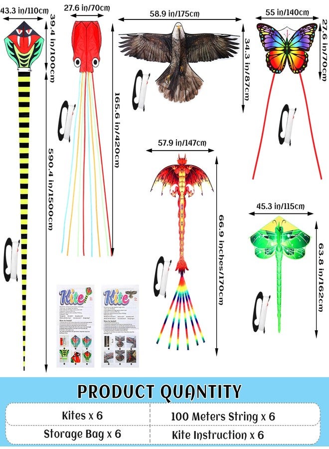 Silipull 6 Pack Large Flying Animal Kites for Adults with Reel and String Eagle Dragon Butterfly Dragonfly Octopus Snake Pterodactyl Dinosaur Kites for Beach Outdoor Park Game Activities - Image 2