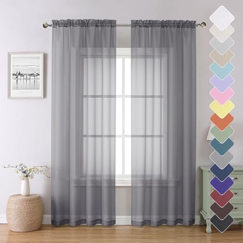 Lecloud Charcoal Grey Sheer Curtains 84 Inches Long 2 Panels, Voile Airy Light Filtering Curtains for Living Room Bedroom, Dual Rod Pocket Sheer Window Treatments Drapes, Each Panel 40" W x 84" L - Image 1