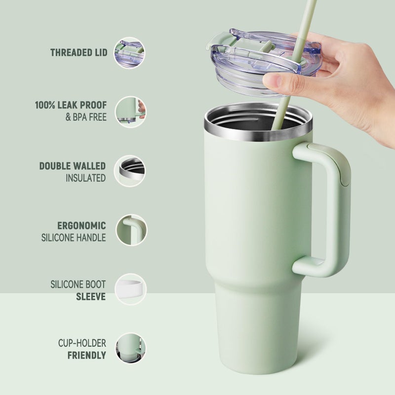 COKTIK 40 oz Tumbler With Handle and Straw Lid, Vacuum Insulated Travel Coffee Mug Stainless Steel Insulated Cup for Beverages, Leak-proof, Cupholder Friendly (Seafoam) - Image 3