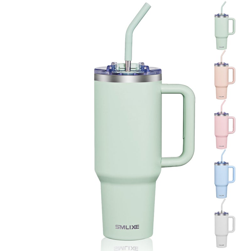 COKTIK 40 oz Tumbler With Handle and Straw Lid, Vacuum Insulated Travel Coffee Mug Stainless Steel Insulated Cup for Beverages, Leak-proof, Cupholder Friendly (Seafoam) - Image 1