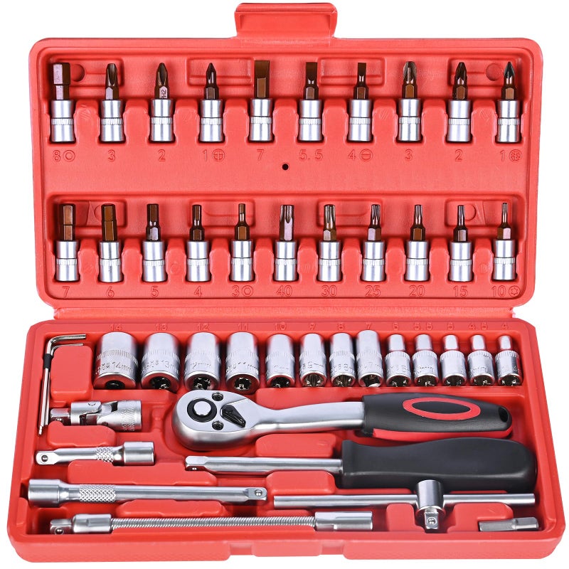Egofine 46 Pieces 14 inch Drive Socket Ratchet Wrench Set with 72Teeth Ratchet Wrench S2 Bit Socket Set Extension for Auto Repairing and Household with Storage Case - Image 2