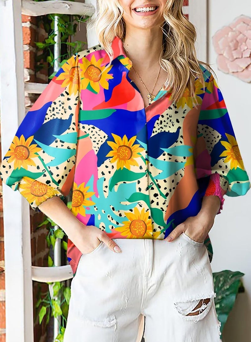 Astylish Boho Tops for Women Puff Sleeve Blouse Summer V-Neck Chiffon Paisley Oversized Button Down Shirt Dressy Orange X-Large - Image 2