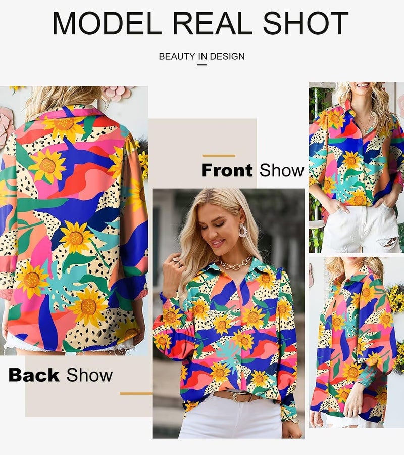 Astylish Boho Tops for Women Puff Sleeve Blouse Summer V-Neck Chiffon Paisley Oversized Button Down Shirt Dressy Orange X-Large - Image 5