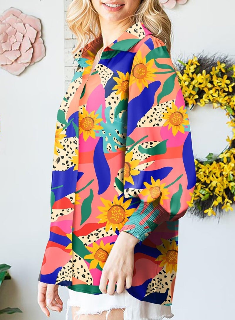 Astylish Boho Tops for Women Puff Sleeve Blouse Summer V-Neck Chiffon Paisley Oversized Button Down Shirt Dressy Orange X-Large - Image 4