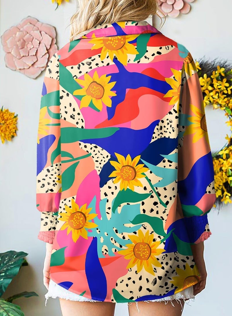 Astylish Boho Tops for Women Puff Sleeve Blouse Summer V-Neck Chiffon Paisley Oversized Button Down Shirt Dressy Orange X-Large - Image 3