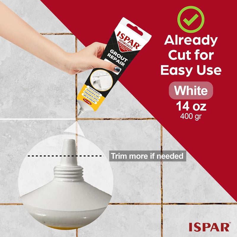 ISPAR طقم إصلاح جص البلاط - حشو جص أبيض 14 أونصة لجوانب البلاط على الجدران والأرضيات مع ملعقة وإسفنجة، مونة إصلاح، تعبئة وتجديد الجوانب، جفاف سريع، جص جاهز للاستخدام - Image 4