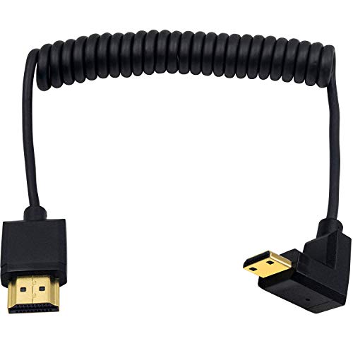 Duttek Coiled Mini HDMI to HDMI 90 Degree Cable 1 FT-4 FT, Ultra-Thin Down Angled HDMI Male to Mini HDMI Male Coiled Cable Support 4K Ultra HD, 1080p, 3D - Image 1
